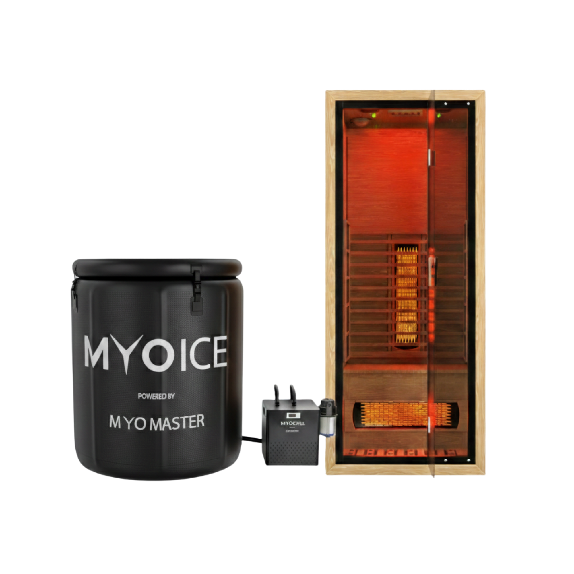 Massage device with control box, wires, and black cloth labeled 'MYO MASTER'.